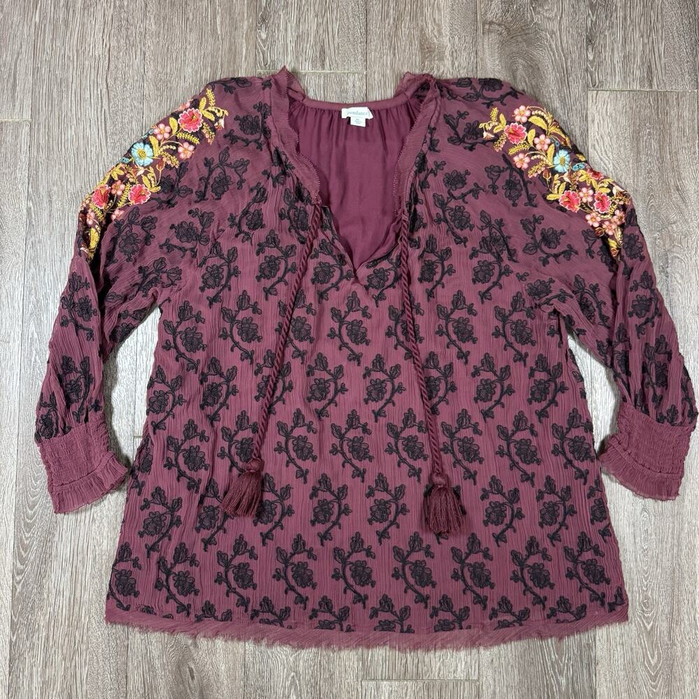 Sundance Gemma Elegance Embroidered Top Maroon Popover Blouse Size XL